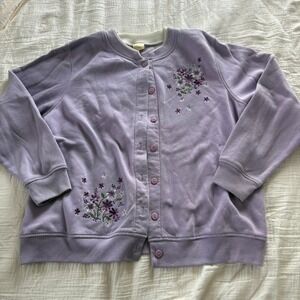 CC Hughes Cardigan Floral Embroidered Cotton Purple Button Front Cottagecore L